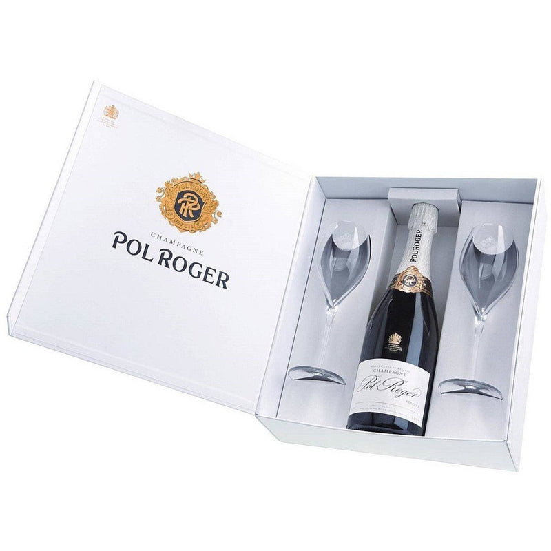 Pol Roger gaveæske indeholdende 2 glas + champagne